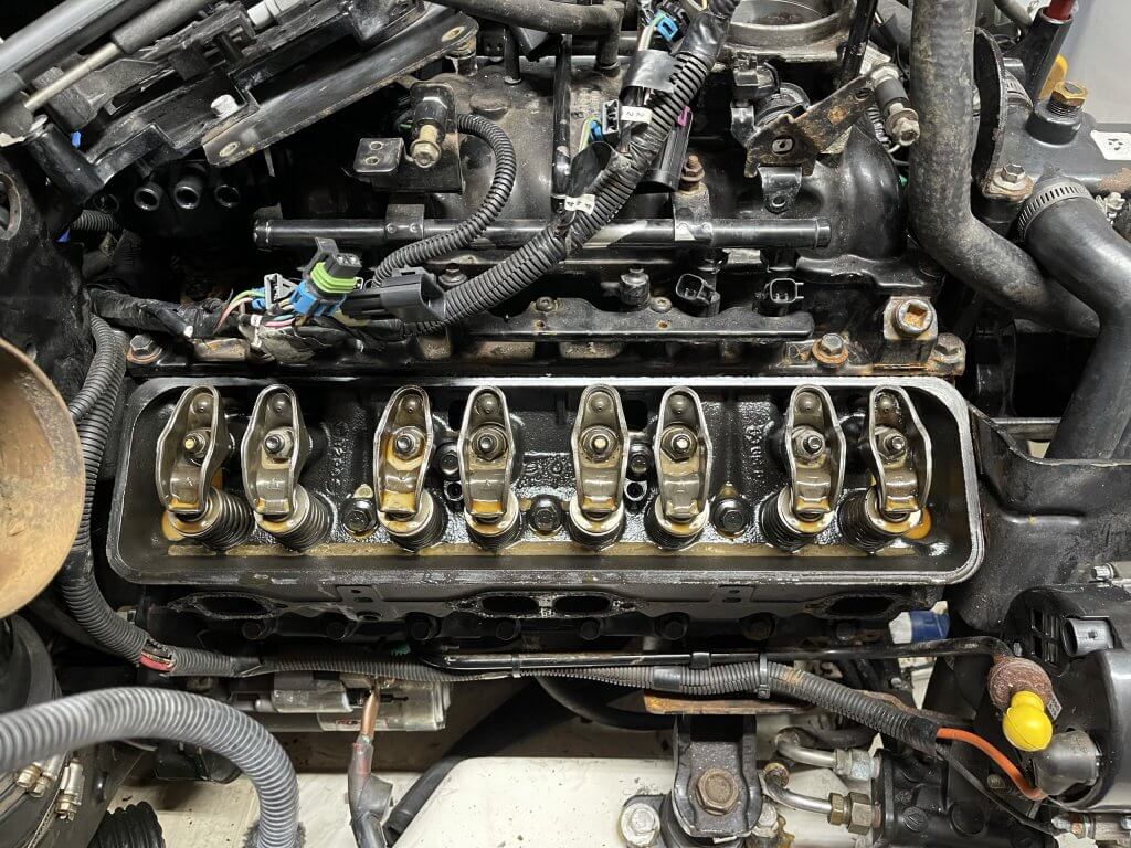 Starboard valve cover removed from Mercruiser 5.0 MPI